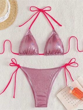 OneFish Shimmery Rose Red Tie-Side Triangle Bikini